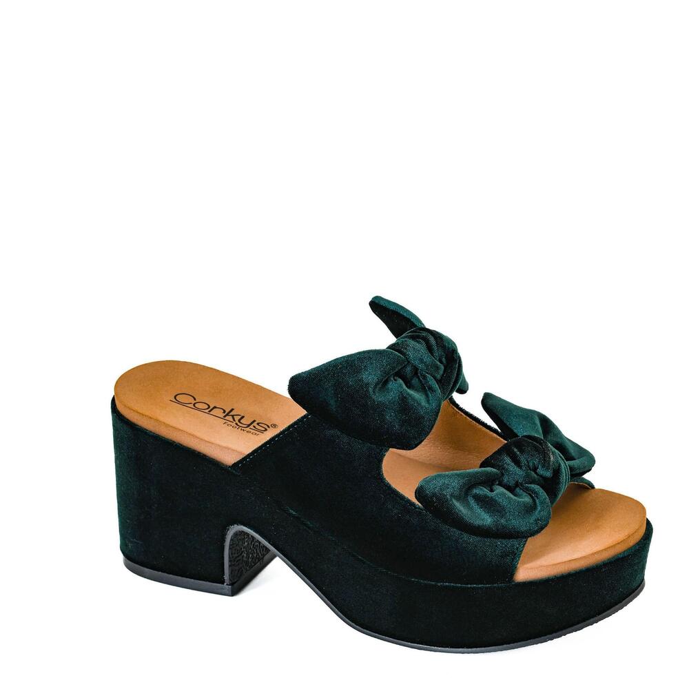 NEW CORKYS FOOTWEAR women's put a bow on it velvet heeled sandal in green - Picture 4 of 7